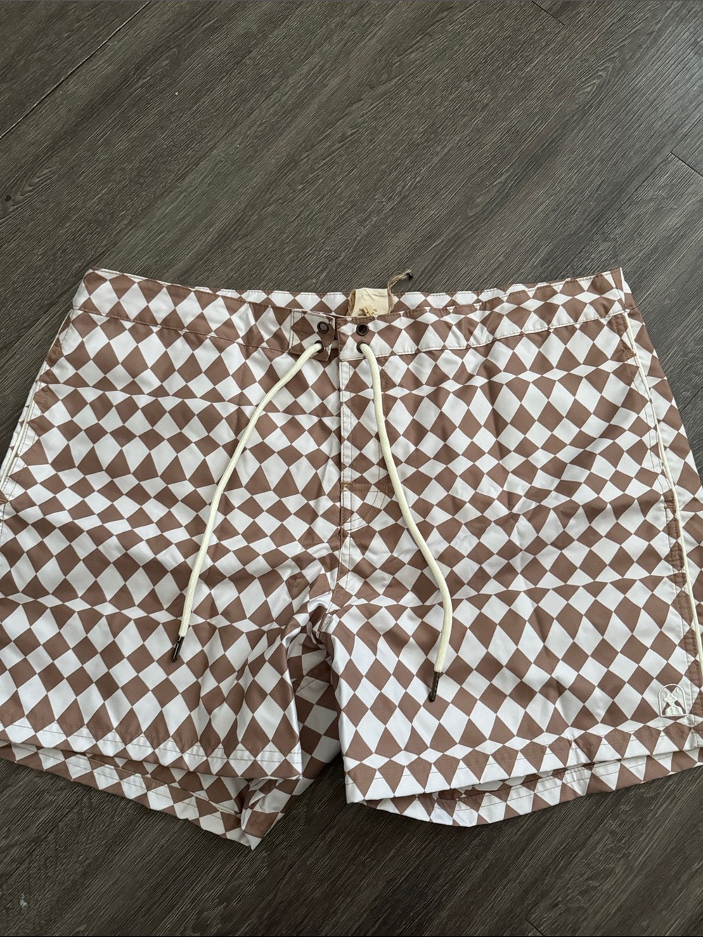 Men's Brown & White Geometric Swim Trunks with Drawstring Waist